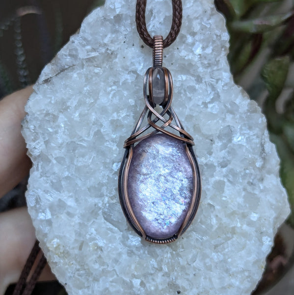 Lepidolite Mica & Rose Quartz Wire Wrapped Pendant in Oxidized Copper