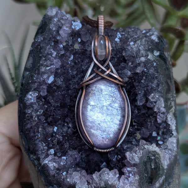 Lepidolite Mica & Rose Quartz Wire Wrapped Pendant in Oxidized Copper