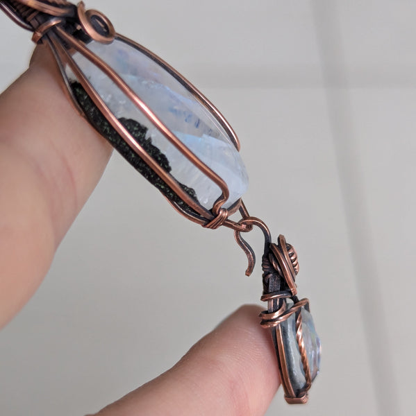 Rainbow Moonstone & Disco Quartz Wire Wrapped Pendant in Oxidized Copper