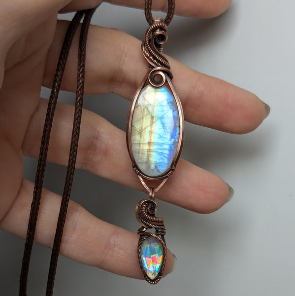 Rainbow Moonstone & Disco Quartz Wire Wrapped Pendant in Oxidized Copper