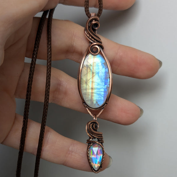 Rainbow Moonstone & Disco Quartz Wire Wrapped Pendant in Oxidized Copper