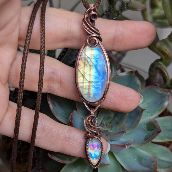 Rainbow Moonstone & Disco Quartz Wire Wrapped Pendant in Oxidized Copper