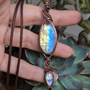 Rainbow Moonstone & Disco Quartz Wire Wrapped Pendant in Oxidized Copper