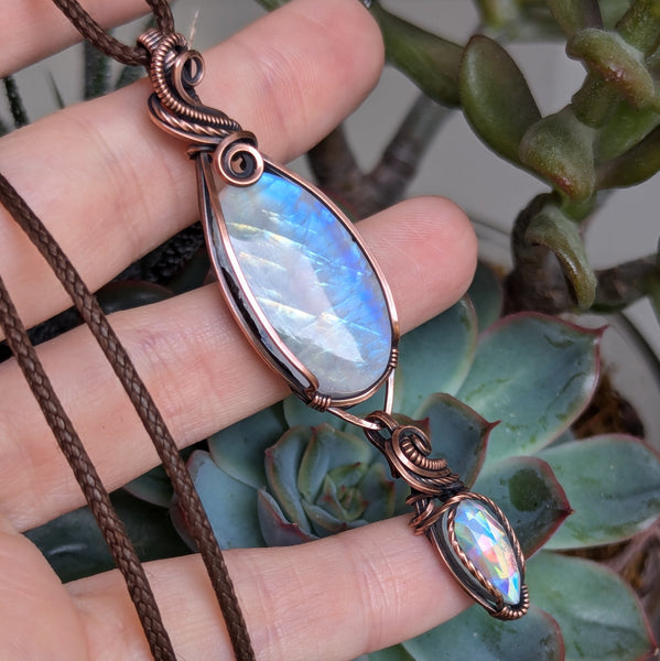 Rainbow Moonstone & Disco Quartz Wire Wrapped Pendant in Oxidized Copper