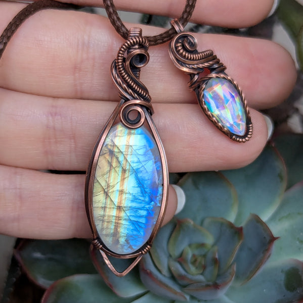 Rainbow Moonstone & Disco Quartz Wire Wrapped Pendant in Oxidized Copper