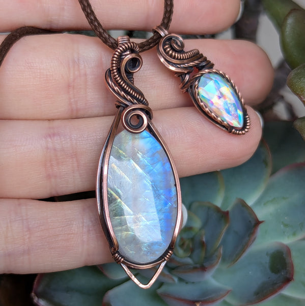 Rainbow Moonstone & Disco Quartz Wire Wrapped Pendant in Oxidized Copper