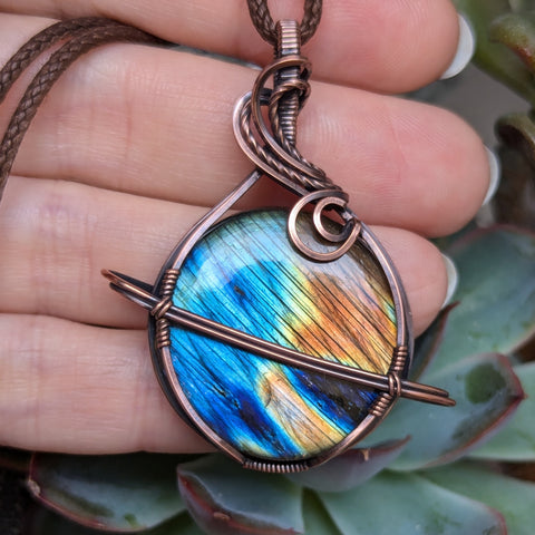 Labradorite Planet Wire Wrapped Pendant in Oxidized Copper