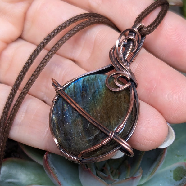 Labradorite Planet Wire Wrapped Pendant in Oxidized Copper