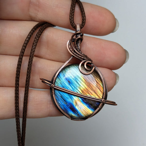 Labradorite Planet Wire Wrapped Pendant in Oxidized Copper