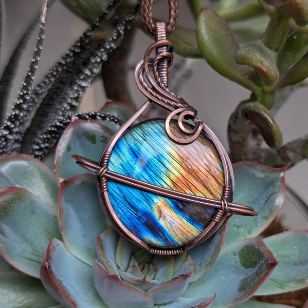 Labradorite Planet Wire Wrapped Pendant in Oxidized Copper