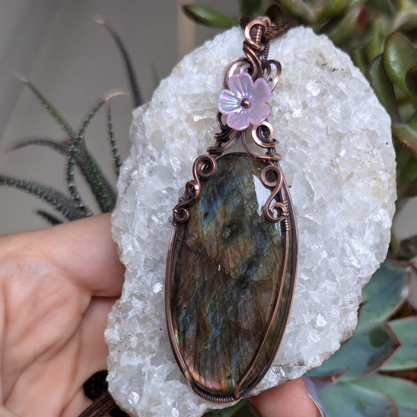 Labradorite Wire Wrapped Pendant in Oxidized Copper