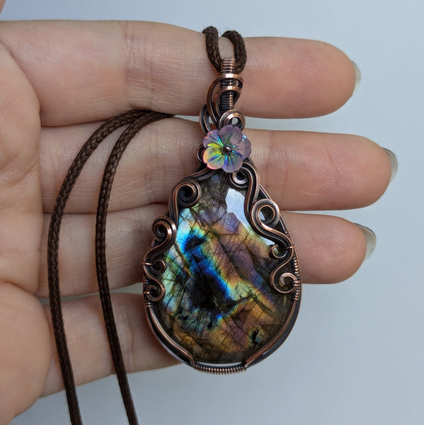 Labradorite Wire Wrapped Pendant in Oxidized Copper