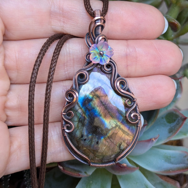 Labradorite Wire Wrapped Pendant in Oxidized Copper