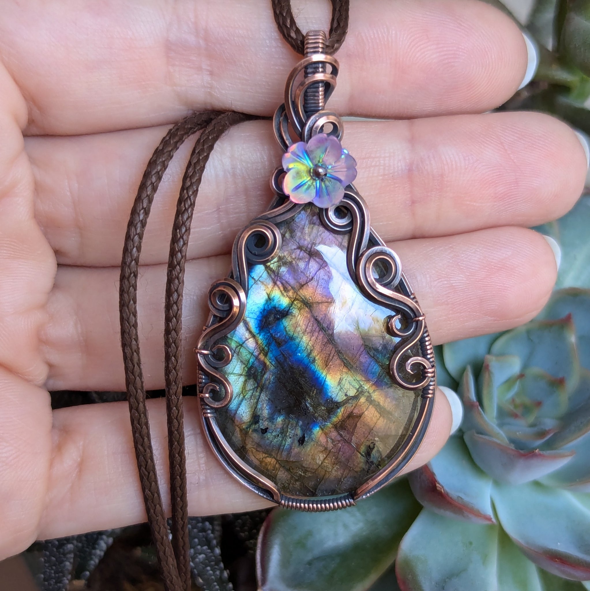 Labradorite Wire Wrapped Pendant in Oxidized Copper