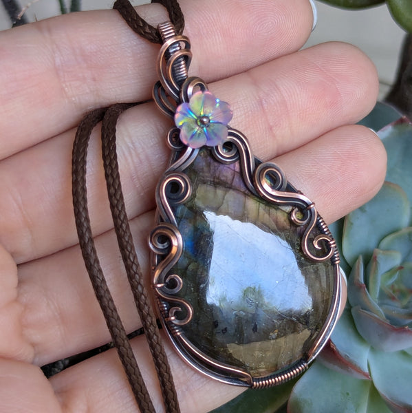 Labradorite Wire Wrapped Pendant in Oxidized Copper