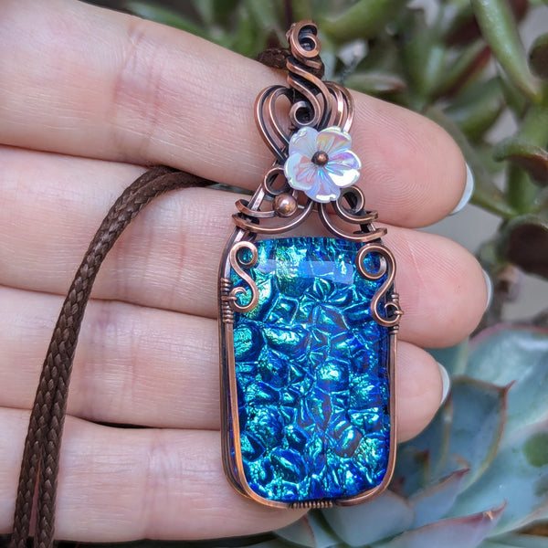 Dichroic Glass Wire Wrapped Pendant in Oxidized Copper