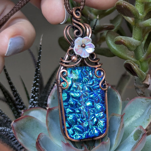 Dichroic Glass Wire Wrapped Pendant in Oxidized Copper