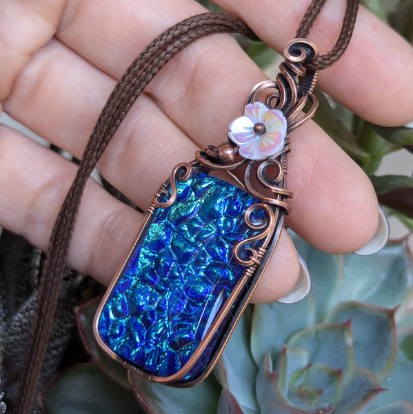 Dichroic Glass Wire Wrapped Pendant in Oxidized Copper