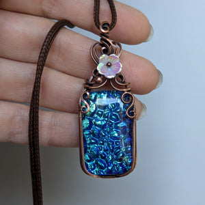 Dichroic Glass Wire Wrapped Pendant in Oxidized Copper