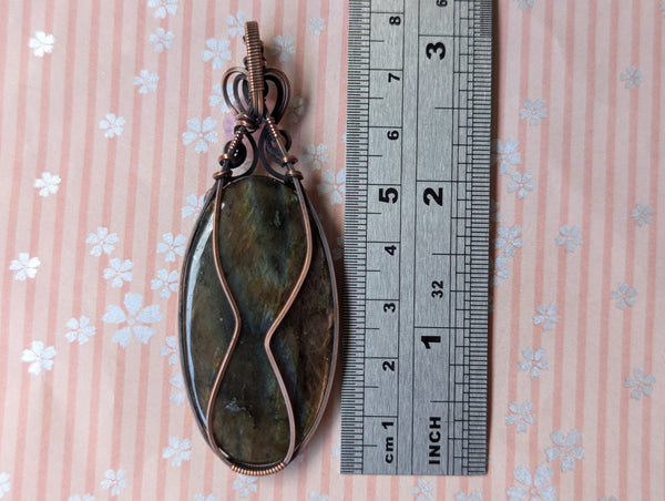 Labradorite Wire Wrapped Pendant in Oxidized Copper