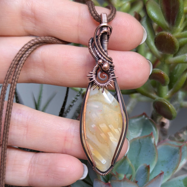 Tube Agate Wire Wrapped Sun Pendant in Oxidized Copper