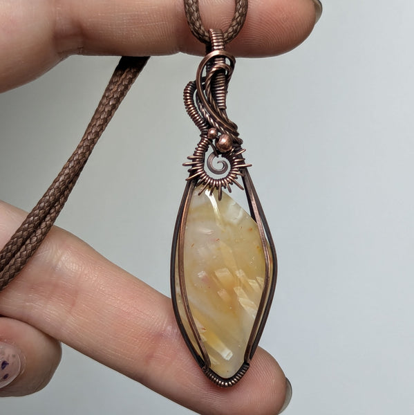 Tube Agate Wire Wrapped Sun Pendant in Oxidized Copper