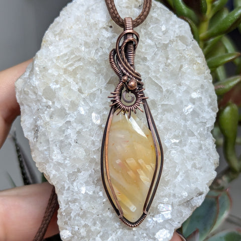 Tube Agate Wire Wrapped Sun Pendant in Oxidized Copper