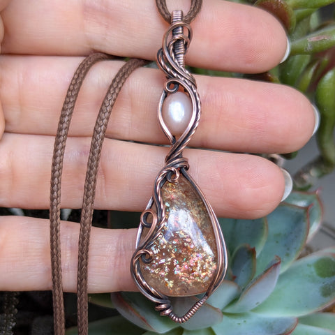 Sunstone & Peach Moonstone Wire Wrapped Pendant in Oxidized Copper