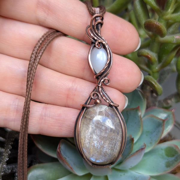 Belomorite & Silky Moonstone Wire Wrapped Pendant in Oxidized Copper