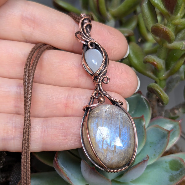 Belomorite & Silky Moonstone Wire Wrapped Pendant in Oxidized Copper