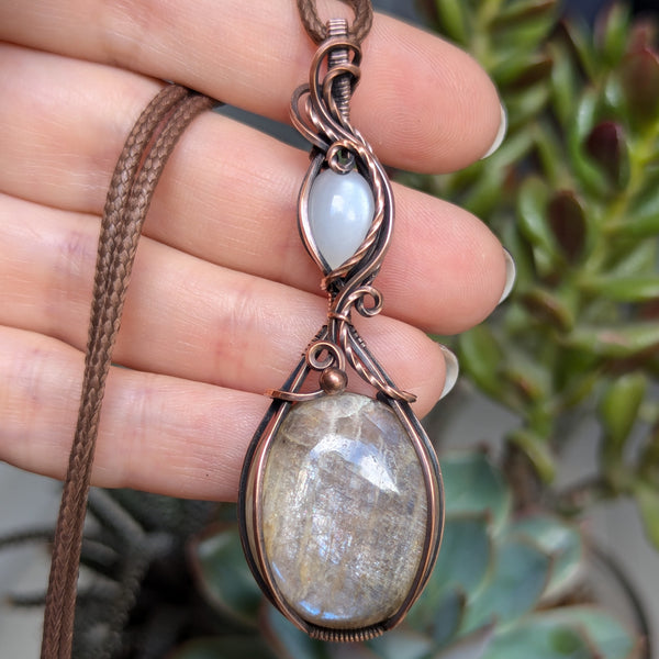 Belomorite & Silky Moonstone Wire Wrapped Pendant in Oxidized Copper