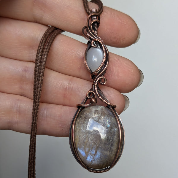 Belomorite & Silky Moonstone Wire Wrapped Pendant in Oxidized Copper