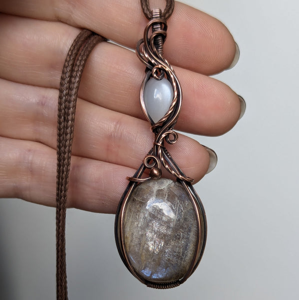 Belomorite & Silky Moonstone Wire Wrapped Pendant in Oxidized Copper