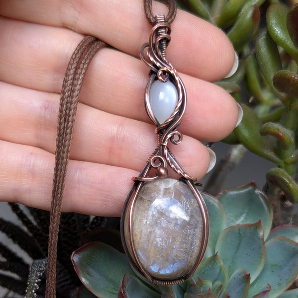 Belomorite & Silky Moonstone Wire Wrapped Pendant in Oxidized Copper