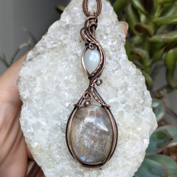 Belomorite & Silky Moonstone Wire Wrapped Pendant in Oxidized Copper