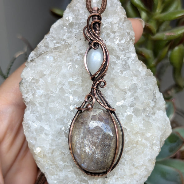 Belomorite & Silky Moonstone Wire Wrapped Pendant in Oxidized Copper