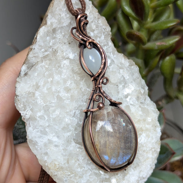 Belomorite & Silky Moonstone Wire Wrapped Pendant in Oxidized Copper