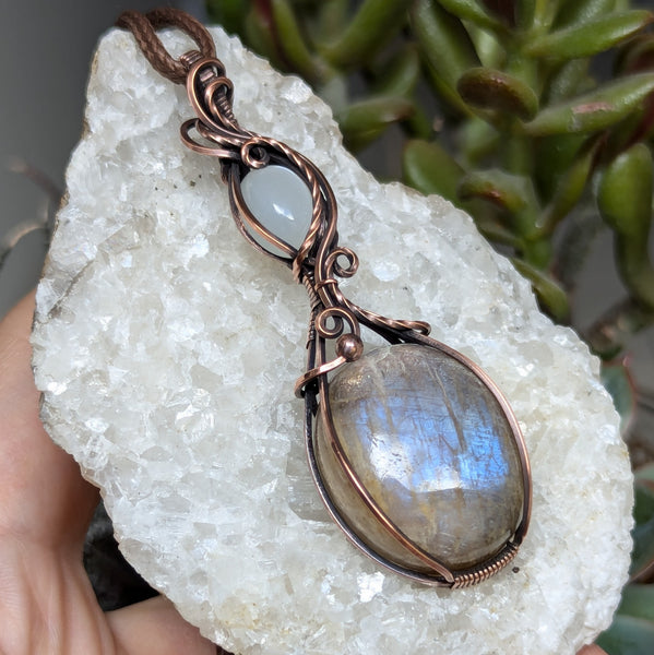 Belomorite & Silky Moonstone Wire Wrapped Pendant in Oxidized Copper