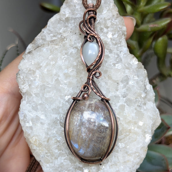 Belomorite & Silky Moonstone Wire Wrapped Pendant in Oxidized Copper