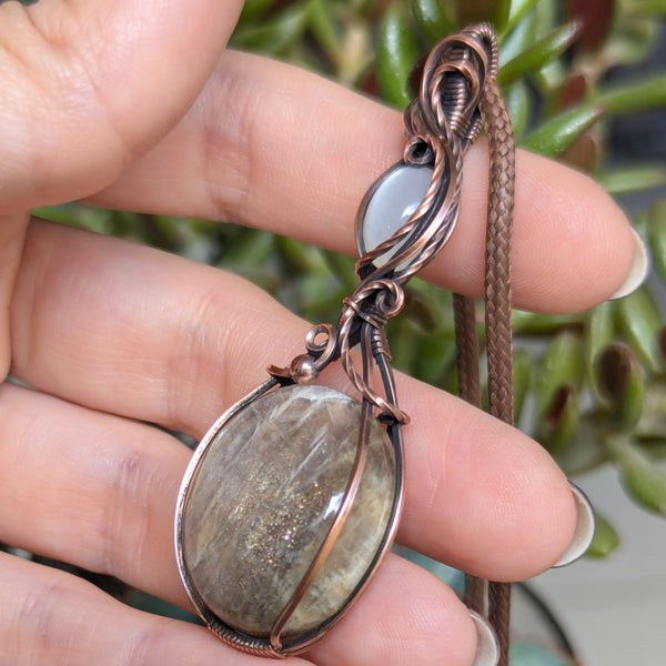 Belomorite & Silky Moonstone Wire Wrapped Pendant in Oxidized Copper