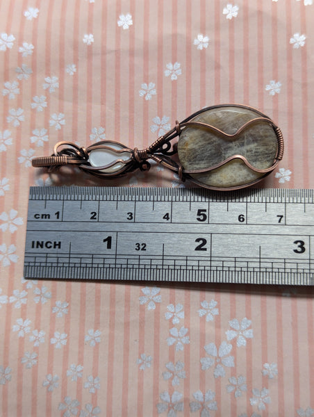 Belomorite & Silky Moonstone Wire Wrapped Pendant in Oxidized Copper