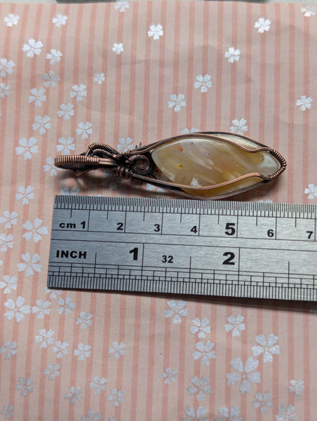 Tube Agate Wire Wrapped Sun Pendant in Oxidized Copper