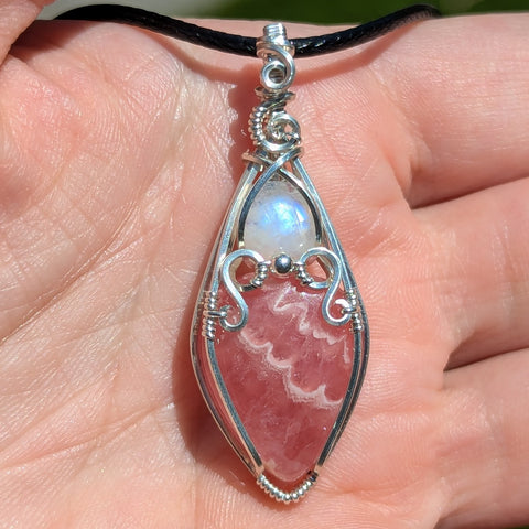 Rhodochrosite & Rainbow Moonstone Wire Wrapped Sterling Silver Vase Pendant