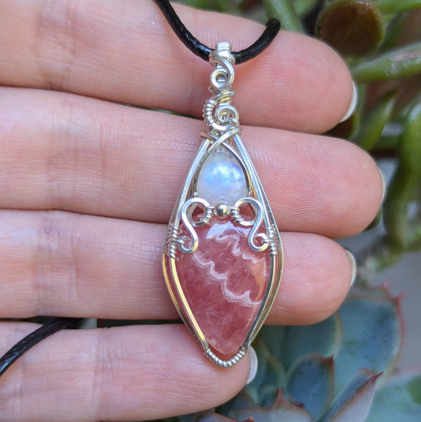 Rhodochrosite & Rainbow Moonstone Wire Wrapped Sterling Silver Vase Pendant