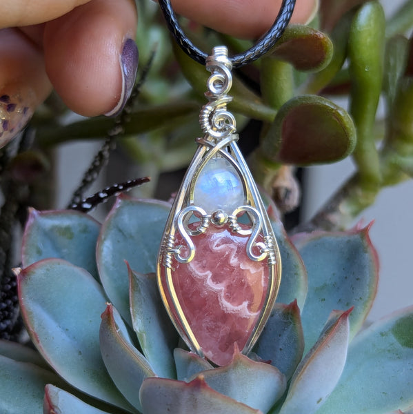 Rhodochrosite & Rainbow Moonstone Wire Wrapped Sterling Silver Vase Pendant