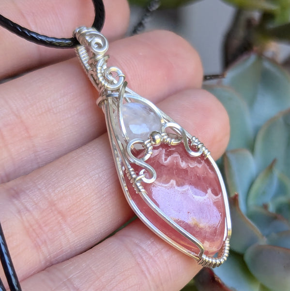 Rhodochrosite & Rainbow Moonstone Wire Wrapped Sterling Silver Vase Pendant