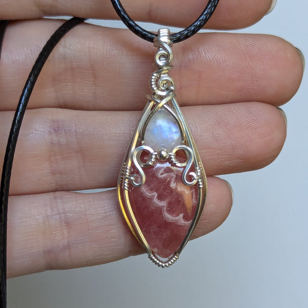 Rhodochrosite & Rainbow Moonstone Wire Wrapped Sterling Silver Vase Pendant