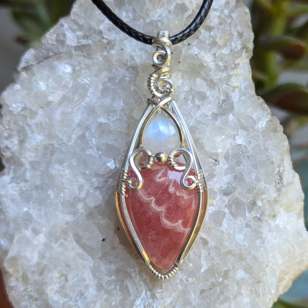 Rhodochrosite & Rainbow Moonstone Wire Wrapped Sterling Silver Vase Pendant