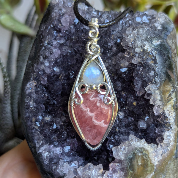 Rhodochrosite & Rainbow Moonstone Wire Wrapped Sterling Silver Vase Pendant