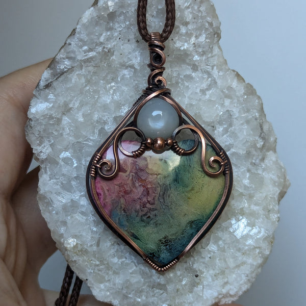 Fossilized Palm Root Heart & Silky Moonstone Wire Wrapped Vase Pendant in Oxidized Copper